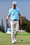 Harris English reacts after his putt on the 14th green during the third round of the Tournament of Champions golf event, Saturday, Jan. 9, 2021, at Kapalua Plantation Course in Kapalua, Hawaii. (Matthew Thayer/The Maui News via AP)