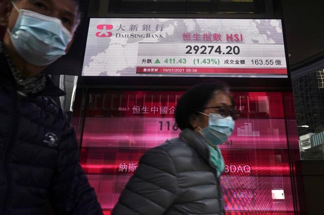 People walk past a bank's electronic board showing the Hong Kong share index at Hong Kong Stock Exchange in Hong Kong Tuesday, Jan. 19, 2021. Shares advanced in Asia on Tuesday as the changing of the guard in the U.S. raised hopes for more support for the economy and more aggressive measures to fight the pandemic. (AP Photo/Vincent Yu)