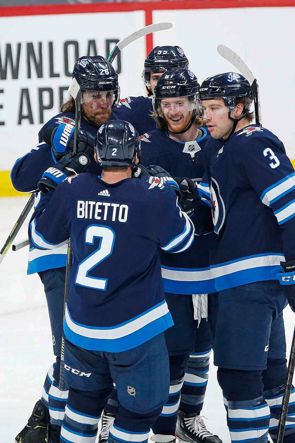 The Jets celebrate Kyle Connor's goal in the third period Thursday. (John Woods / The Canadian Press)