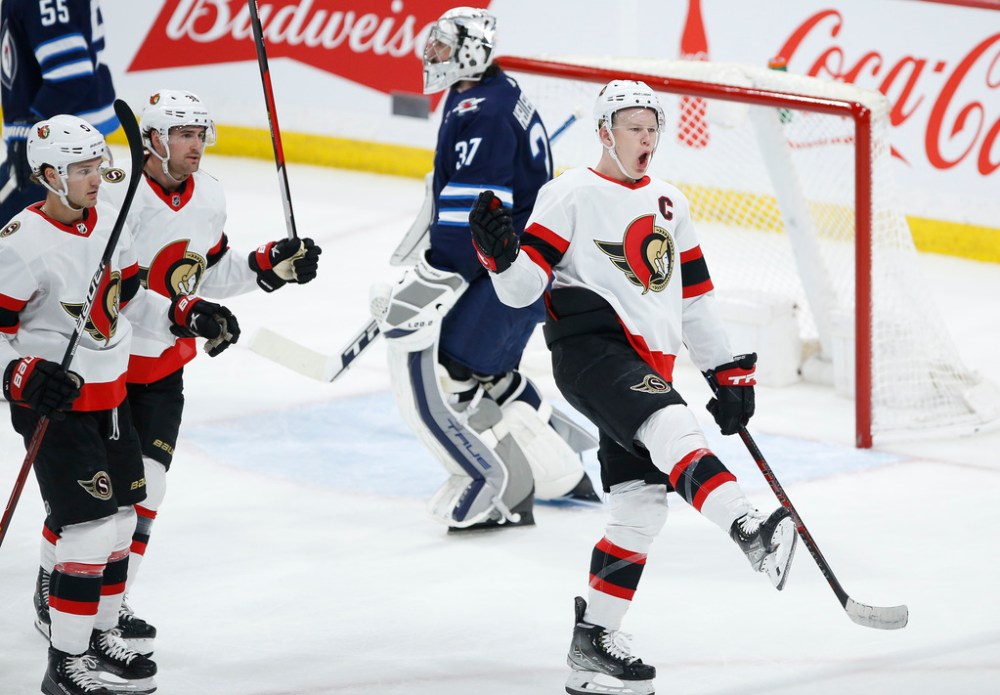 THE CANADIAN PRESS
Brady Tkachuk celebrates after his first-period goal. (John Woods / The Canadian Press)