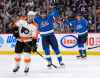 FRED GREENSLADE / THE CANADIAN PRESS
Winnipeg Jets' Logan Shaw (38) celebrates his goal as Philadelphia Flyers' Ivan Provorov (9) looks on during second period NHL action in Winnipeg on Sunday Dec. 15, 2019.