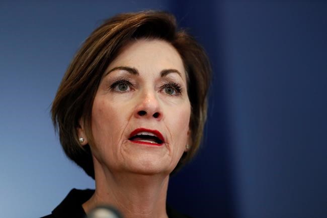 Iowa Gov. Kim Reynolds updates the state's response to the coronavirus outbreak during a news conference at the State Emergency Operations Center, Thursday, April 23, 2020, in Johnston, Iowa. (AP Photo/Charlie Neibergall, pool)