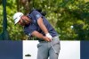Dustin Johnson hits his tee shot on the 16th hole during the third round Saturday, Aug. 29, 2020, for the BMW Championship golf tournament at the Olympia Fields Country Club in Olympia Fields, Ill. Johnson and Hideki Matsuyama, of Japan, are tied for the lead at 1-under par after three rounds. (AP Photo/Charles Rex Arbogast)