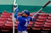 Toronto Blue Jays' Rowdy Tellez hits a home run in the sixth inning of a baseball game against the Boston Red Sox on September 6, 2020, in Boston. Blue Jays manager Charlie Montoyo says first baseman Rowdy Tellez will likely go on the 10-day injured list after an MRI exam revealed a right knee strain. Tellez was replaced for a pinch-hitter in the eighth inning of Tuesday's 2-1 win over the New York Yankees at Buffalo's Sahlen Field. He hurt his knee while chasing a pop-up in foul territory in the top half of the frame. THE CANADIAN PRESS/AP, Steven Senne