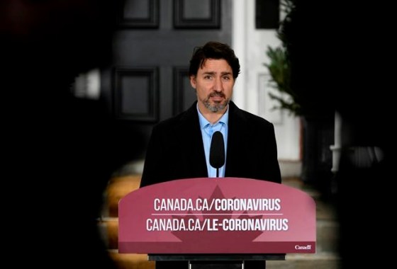 Prime Minister Justin Trudeau speaks during his daily press conference on COVID-19, in front of his residence at Rideau Cottage in Ottawa, on Sunday, April 19, 2020. THE CANADIAN PRESS/Justin Tang