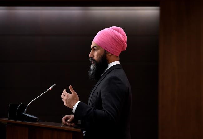 NDP leader Jagmeet Singh speaks during a press conference on the federal government's response to COVID-19, in West Block on Parliament Hill in Ottawa, on Saturday, April 11, 2020. THE CANADIAN PRESS/Justin Tang