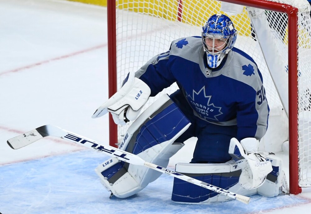 Toronto Maple Leafs goaltender Frederik Andersen loses his stick against the Winnipeg Jets during first the period Tuesday. THE CANADIAN PRESS/Nathan Denette