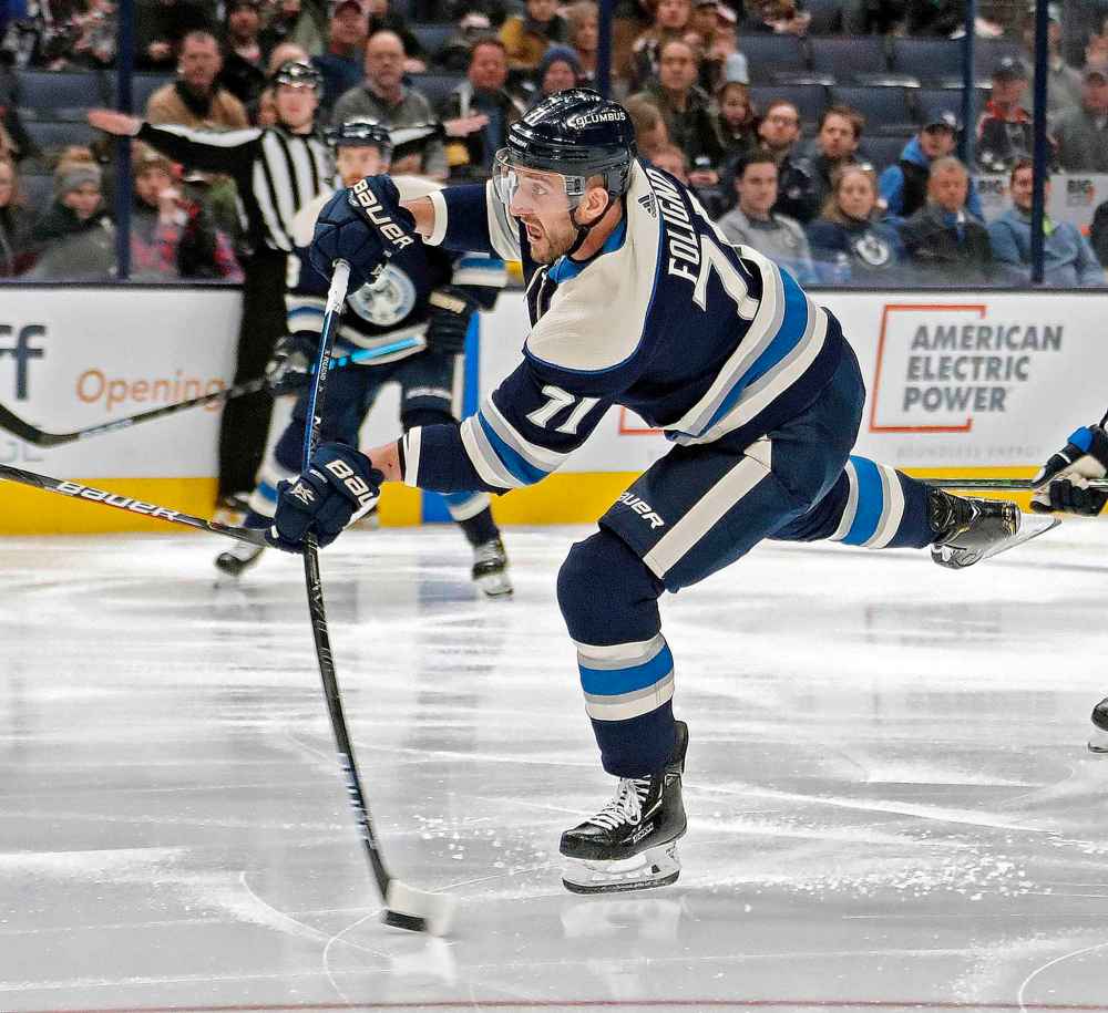 (Kyle Robertson/Columbus Dispatch/TNS)
Columbus Blue Jackets' Nick Foligno takes a shot on goal against the Winnipeg Jets in the first period, Wednesday.