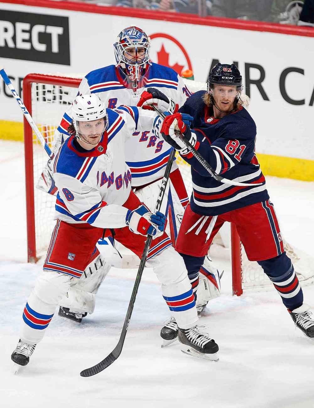JOHN WOODS / WINNIPEG FREE PRESS
Winnipeg Jets’ Kyle Connor and New York Rangers' Jacob Trouba fight for position in front of Rangers goaltender Igor Shesterkin during the first period.