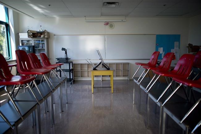 A empty classroom is pictured at McGee Secondary school in Vancouver, B.C. Friday, Sept. 5, 2014. Some private schools afraid they'd be blamed if a student gets COVID-19 are considering waivers to absolve them, but experts say that wouldn't stop a parent from suing or a school from racking up legal bills. THE CANADIAN PRESS/Jonathan Hayward