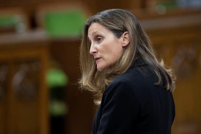 Deputy Prime Minister and Minister of Intergovernmental Affairs Chrystia Freeland rises during Question Period in the House of Commons in Ottawa, Monday July 20, 2020. THE CANADIAN PRESS/Adrian Wyld