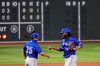 Toronto Blue Jays relief pitcher Rafael Dolis, right, smiles as he is congratulated by manager Charlie Montoyo after earning the save in a 8-6 win against the Boston Red during an exhibition baseball game, Tuesday, July 21, 2020, at Fenway Park in Boston. oronto Blue Jays manager Charlie Montoyo has several options for the closer role as the post-season approaches. THE CANADIAN PRESS/AP, Charles Krupa