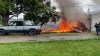 A piece of the wreckage of a Canadian Forces Snowbirds plane burns along with a house after crashing in Kamloops, B.C. on Sunday, May 17, 2020 is seen in this handout photo. A Canadian Forces Snowbirds plane crashed in a residential area of Kamloops, B.C., shortly after takeoff on Sunday, sending neighbours pouring onto the street where they said a house had erupted into flames. THE CANADIAN PRESS/HO, Kenny Hinds *MANDATORY CREDIT*