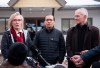 Wet'suwet'en hereditary leader Chief Woos, also known as Frank Alec, centre, Minister of Crown-Indigenous Relation, Carolyn Bennett, left, and B.C. Indigenous Relations Minister Scott Fraser address the media in Smithers, B.C., Sunday, March 1, 2020. THE CANADIAN PRESS/Jonathan Hayward