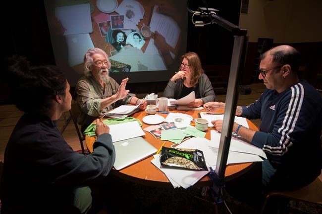 David Suzuki and his wife Tara Cullis go through a rehearsal for their play What You Wouldn't Do For Love with Ravi Jain and Miriam Fernandes in Vancouver B.C, Thursday, January, 30, 2020. THE CANADIAN PRESS/Jonathan Hayward