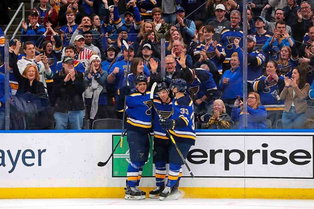 CP
St. Louis Blues winger Jaden Schwartz (17) celebrates his goal against the Winnipeg Jets with Blues' Brayden Schenn (10) and St. Louis Blues centre Jordan Kyrou (33) during the second period Sunday in St. Louis. (Dilip Vishwanat / The Associated Press)