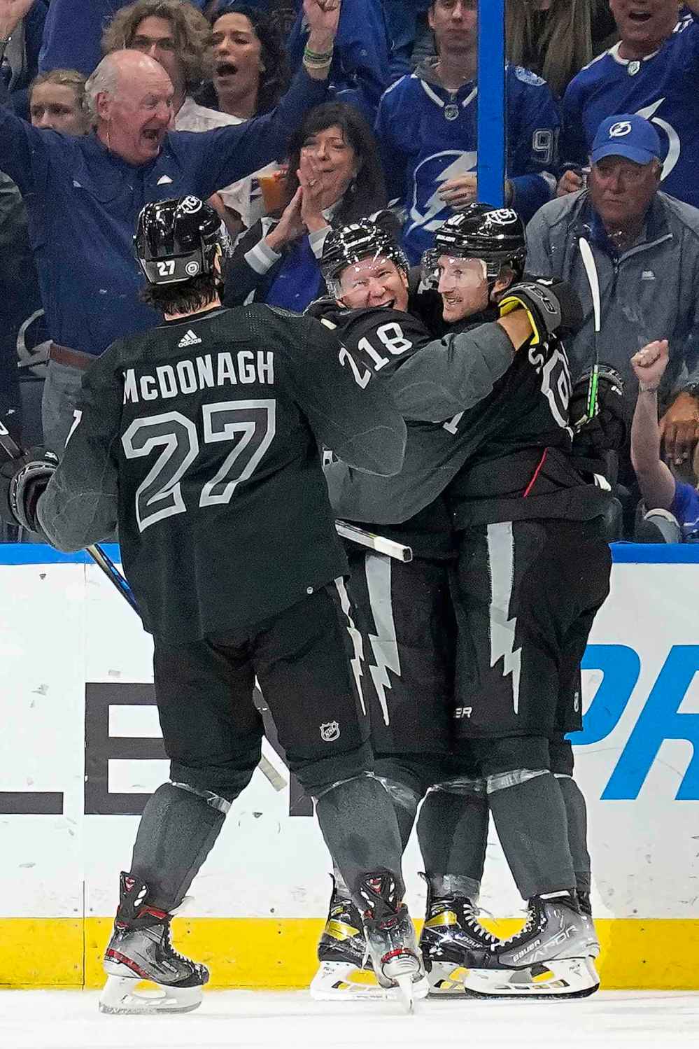 CP
Tampa Bay Lightning center Steven Stamkos (91) celebrates his goal against the Winnipeg Jets with left wing Ondrej Palat (18) and defenseman Ryan McDonagh (27) during the third period. (Chris O'Meara / The Associated Press)