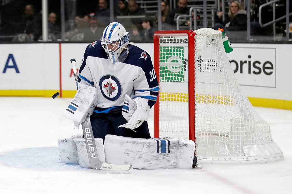 Laurent Brossoit faced 19 shots in the first period. (Marcio Jose Sanchez / The Associated Press)