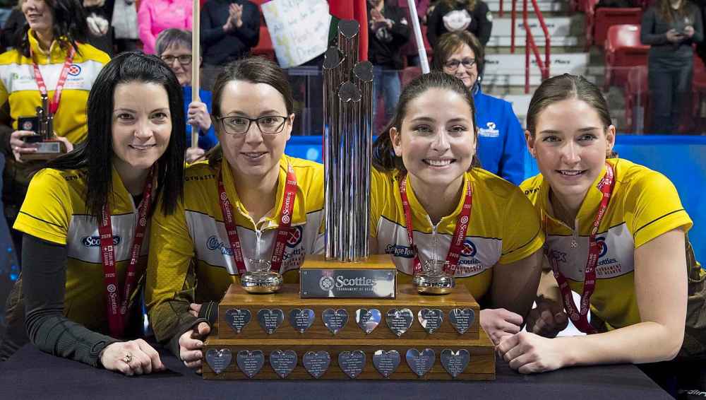 Jonathan Hayward / Canadian Press files
Manitoba skip Kerri Einarson, third Val Sweeting, second Shannon Birchard and lead Briane Meilleur pose with the trophy after defeating Ontario to win the 2020 Scotties Tournament of Hearts in Moose Jaw, Sask.