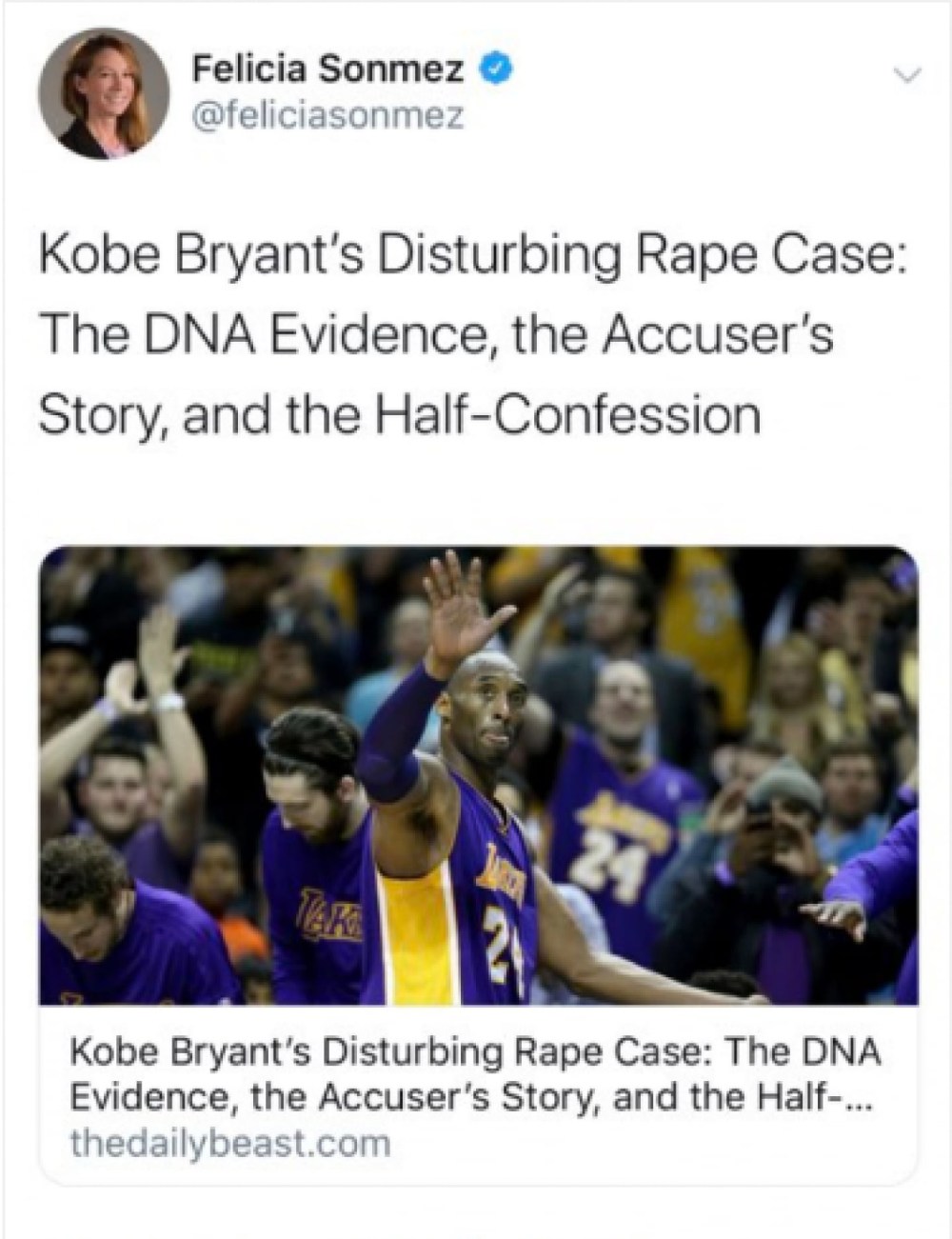 Washington Post reporter Felicia Sonmez was placed on administrative leave after tweeting a link to a reported piece from 2016 about Bryant's rape case.