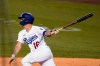 Los Angeles Dodgers' Will Smith watches his RBI single during the first inning of the team's baseball game against the Oakland Athletics on Thursday, Sept. 24, 2020, in Los Angeles. (AP Photo/Marcio Jose Sanchez)