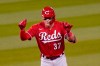 Cincinnati Reds' Tyler Stephenson gestures toward his bench after hitting a double during the fourth inning of a baseball game against the Los Angeles Dodgers Monday, April 26, 2021, in Los Angeles. (AP Photo/Mark J. Terrill)