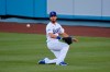 Los Angeles Dodgers' Cody Bellinger misjudges a ball hit for a double by Anthony Garcia during an intrasquad baseball game Wednesday, July 15, 2020, in Los Angeles. (AP Photo/Mark J. Terrill)