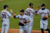 The Houston Astros celebrate a 7-5 win over the Los Angeles Dodgers in a baseball game at Dodger Stadium on Saturday, Sept. 12, 2020, in Los Angeles. (AP Photo/Ashley Landis)