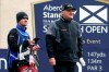 Scotland's Paul Lawrie, right, during the first round of the Scottish Open at The Renaissance Club, North Berwick, Thursday Oct. 1, 2020. (Jane Barlow/PA via AP)