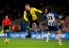 Watford's Gerard Deulofeu takes a tumble after a challenge from Brighton and Hove Albion's Ezequiel Schelotto, right, during the English Premier League soccer match at the AMEX Stadium, Brighton, England, Saturday Feb. 8, 2020. (Adam Davy/PA via AP)