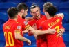 Wales' Gareth Bale, center, and teammates celebrate their first goal scored by David Brooks, 2nd right, during the UEFA Nations League soccer match at Cardiff City Stadium, Cardiff, Wales, Sunday Nov. 15, 2020. (Nick Potts/PA via AP)