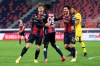 Bologna's Andreas Skov Olsen, left, celebrates scoring during of a Serie A soccer match between Bologna and Parma, at the Renato Dall’Ara stadium, in Bologna, Italy, Monday, Sept. 28, 2020. (Filippo Rubin/LaPresse via AP)