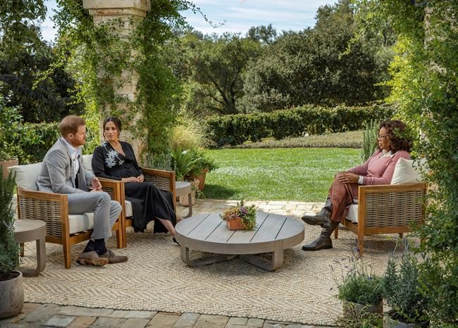 This image provided by Harpo Productions shows Prince Harry, from left, and Meghan, The Duchess of Sussex, in conversation with Oprah Winfrey. (Joe Pugliese/Harpo Productions via AP)