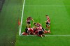 Sheffield United players celebrate after scoring during the English Premier League soccer match between Sheffield United and Wolverhampton Wanderers at Bramall Lane stadium in Sheffield, England, Wednesday, July 8, 2020. (Laurence Griffiths/Pool via AP)