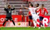 Olympique Lyonnais' Lucas Paqueta celebrates his side first goal scored by Lille's Zeki Celik against his team during the French League One soccer match between Lille and Olympique Lyonnais at the Pierre-Mauroy Stadium in Villeneuve d'Ascq, northern France, Sunday, Nov. 1, 2020. (Pascal Rossignol, Pool via AP)