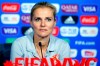 FILE - In this Saturday, July 6, 2019 file photo, Netherlands' head coach Sarina Wiegman attends a press conference at the Stade de Lyon, outside Lyon, France. Wiegman will leave her role as manager of the Netherlands’ women’s team after next year’s Olympic Games to take charge of England as the replacement for Phil Neville, it was announced Friday, Aug. 14, 2020. Wiegman will be installed in September 2021 ahead of the European Championship in 2022 that is being staged in England. (AP Photo/Francois Mori, file)