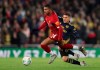 FILE - In this Wednesday, Oct. 30, 2019 file photo, Liverpool's Rhian Brewster, left, duels for the ball with Arsenal's Lucas Torreira during their English League Cup soccer match at Anfield stadium in Liverpool, England. Brewster has long been tipped as a future England striker — he played in the country's World Cup-winning under-17 team in 2017 — and there's no doubt he is a natural goalscorer. “In the decisive moments, he’s 100% there,