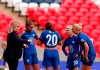 FILE - In this Saturday, Aug. 29, 2020 file photo, Chelsea manager Emma Hayes, left, gives instructions to her players during their English FA Women's Community Shield soccer match against Manchester City at Wembley stadium in London. Chelsea can become just the second English team to reach the final of the Women’s Champions League if it gets a better performance in the attacking third against Bayern Munich on Sunday, May 2, 2021. Chelsea manager Emma Hayes says her team didn't do well “in the finishing phase” last week in a 2-1 loss to Bayern in the first leg of the semifinals. (Andrew Couldridge/Pool via AP, file)