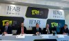 From left, English Football Association chief executive Mark Bullingham, Football Association of Wales chief executive Jonathan Ford, Irish Football Association chief executive Patrick Nelson, FIFA President Gianni Infantino, Scottish Football Association chief executive Ian Maxwell attend a press conference in Holywood, Northern Ireland, Saturday, Feb. 29, 2020. Changes to the offside law are coming to soccer that will aim to give the benefit of the doubt to attacking players when goal decisions are reviewed by video replays. A law designed to stop goal-hanging will be subject to a global consultation that was approved Saturday by the International Football Association Board with the intention of giving an edge to attackers. (AP Photo/Rob Harris)