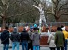 In this photo taken on Sunday, Dec. 22, 2019, the defaced statue of Zlatan Ibrahimovic is seen in Malmo, Sweden. The statue of Swedish soccer star Zlatan Ibrahimovic has been the target of more vandalism. This time, its nose has been chopped off. Ibrahimovic angered fans of his boyhood club, Malmo, last month when he bought a stake in one of its title rivals, Hammarby, and outlined his desire to make the Stockholm-based team “the best in Scandinavia.” (Johan Nilsson/TT News Agency via AP)