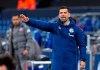 Schalke's coach Dimitrios Grammozis gestures during the German Bundesliga soccer match between Schalke 04 and FSV Mainz 05 at Veltins Arena in Gelsenkirchen, Germany, Friday, March 5, 2021. (Guido Kirchner/dpa via AP)