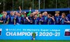 Chelsea players celebrate with the Women's Super League trophy at Kingsmeadow, London, Sunday, May 9, 2021. Chelsea retained the Women’s Super League title and became the all-time record champion in the English game by beating Manchester City to first place. Chelsea was a 5-0 winner at home to Reading and finished two points ahead of City. (John Walton/PA via AP)