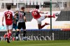 Arsenal's Pierre-Emerick Aubameyang scores his side's second goal during the English Premier League soccer match between Newcastle United and Arsenal at St James' Park stadium, in Newcastle, England, Sunday, May 2, 2021. (Stu Forster/Pool via AP)