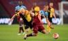 Watford's Will Hughes, left, and West Ham United's Tomas Soucek battle for the ball during an English Premier League soccer match at the London Stadium, Friday, July 17, 2020, in London. (Adam Davy/Pool Photo via AP)