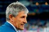 FILE - In this Wednesday, March 1, 2017 file photo, Las Palmas coach Quique Setien waits for the start of a Spanish La Liga soccer match between Real Madrid and Las Palmas at the Santiago Bernabeu stadium in Madrid, Spain. Setíen will be at the Camp Nou Stadium on Tuesday Jan. 14, 2020 to be officially introduced as the new coach of Barcelona, the club that for so long inspired his vision of soccer. (AP Photo/Paul White, File)