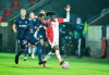 FILE - In this Wednesday, Sept. 30 2020 file photo, FC Midtjylland's Frank Onyeka, left, vies for the ball with Slavia Prague's Peter Olayinka during the Champions League play off qualifier soccer match between FC Midtjylland and Slavia Prague at MCH Arena in Herning, Denmark. FC Midtjylland has been one of the poster teams for analytics in European soccer. Now the Danish club is about to find out how its data-driven and statistical approach fares in the Champions League after qualifying for the competition’s group stage for the first time. (Henning Bagger/Ritzau Scanpix via AP, File)