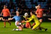Manchester City's Pauline Bremer, left, scores against Everton during the Women's Super League match at the Academy Stadium, Manchester, England, Saturday Jan. 11, 2020. (Anthony Devlin/PA via AP)