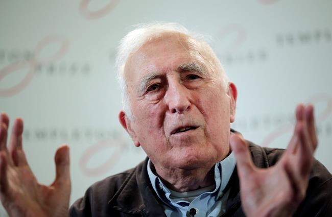 FILE - In this file photo dated Wednesday, March 11, 2015, showing Jean Vanier, the founder of L'ARCHE, an international network of communities where people with and without intellectual disabilities live and work together, in central London. An internal report revealed Saturday Feb. 22, 2020, that L’Arche founder Jean Vanier, a respected Canadian religious figure, sexually abused at least six women. (AP Photo/Lefteris Pitarakis, FILE)