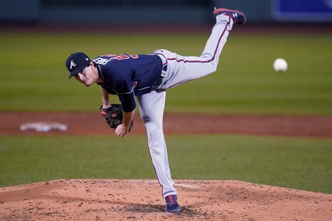Atlanta Braves starting pitcher Max Fried (54) delivers during the third inning of a baseball game against the Boston Red Sox, Monday, Aug. 31, 2020, in Boston. (AP Photo/Charles Krupa)