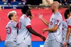 Toronto FC midfielder Yeferson Soteldo, left, is congratulated by midfielder Michael Bradley, right, after his goal in the first half of an MLS soccer match against the New England Revolution, Wednesday, July 7, 2021, in Foxborough, Mass. At center is Toronto FC forward Ayo Akinola. (AP Photo/Charles Krupa)